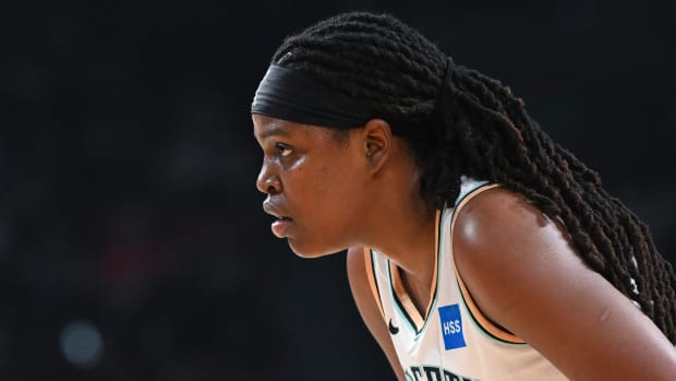 New York Liberty forward Jonquel Jones looks down court against the Las Vegas Aces during the WNBA Finals.